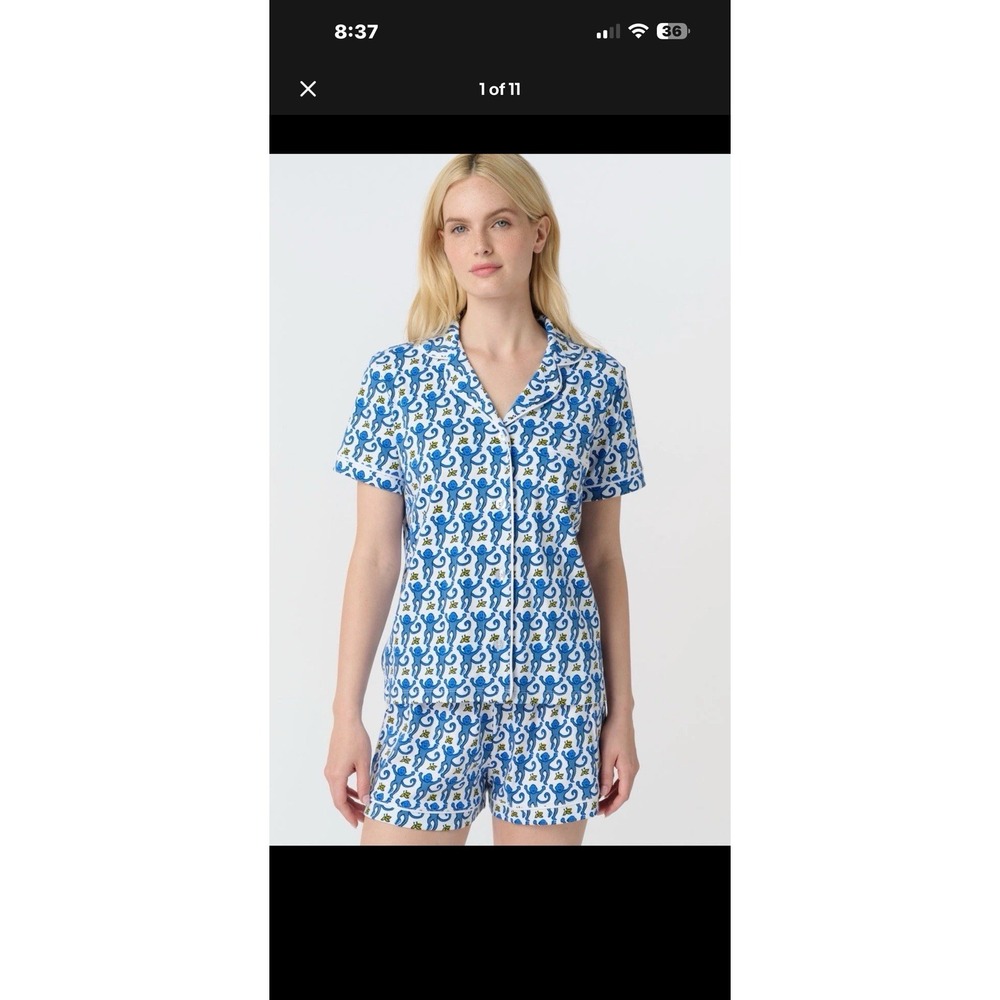 Roller Rabbit Womens 2-Piece Pajama Set Sz S Blue Monkey Polo/Shorts Pima Cotton